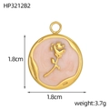 Detailed view of golden rose charm with pink enamel inlay and 1.8cm size measurements - Pink Rose Round Style (HP3212B2)
