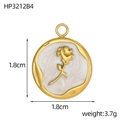 Macro detail of golden flower pendant with 3D embossed rose and pearly white enamel - White Rose Round Style (HP3212B4)