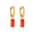 Detail of gold hoop earring featuring a rectangular red gemstone pendant on white background - Red Style (DYEH00030D)