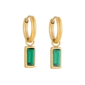 Macro shot of gold emerald zircon rectangle pendant earrings with polished hoops - Green Style (DYEH00030D1)
