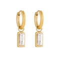 Polished gold earrings with rectangular emerald-cut zircon pendants on hoop rings - White Style (DYEH00030D2)