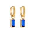 Detail of gold hoop earrings with rectangle blue zircon pendant in bezel setting - Dark Blue Style (DYEH00030D3)