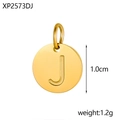 Macro detail of a 1.0cm gold stainless steel round charm with an engraved letter J - Letter J Pendant / Gold