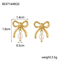 Golden bowknot earrings with white natural pearls and size measurements, 14K gold plated - Gold Bow Knot Pearl Drop Earrings (BE47144BG0)