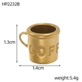 Detailed view of tiny golden metal coffee cup pendant with engraved text and dimensions - Small Coffee Cup Style (HP2232B)
