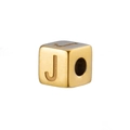 Macro detail of 14K gold plated cube bead with engraved letter J and center hole - Gold J