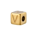 Macro detail of a 14K gold plated stainless steel cube bead with engraved letter V - Gold V