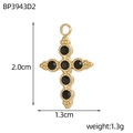 18K gold plated stainless steel cross pendant with black zircon stones, 2.0cm x 1.3cm - Rhinestone Cross Style - Black Rhinestone (BP3943D2)
