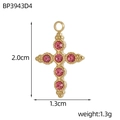 Macro detail of gold-plated cross pendant with six pink zircons and bead edging - Rhinestone Cross Style - Rose Red Rhinestone (BP3943D4)