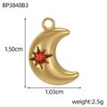 Vue détaillée du pendentif lune doré avec pierre rouge et dimensions du produit - Pendentif Lune Strass Rouge (BP3848B3)