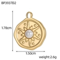 Macro view of gold stainless steel pendant with pearl inlay and detailed size measurements - Sunburst Round Artificial Pearl Style (BP3937D2)