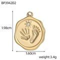 Detailed view of a gold-toned stainless steel pendant with baby footprint and sun engraving - Hand-Footprint Coin White Rhinestone Style (BP3942D2)