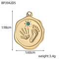 Detailed view of irregular gold pendant with baby handprints and blue crystal stone - Hand-Footprint Coin Blue Stone Style (BP3942D5)