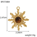 Detailed macro view of a sunburst stainless steel pendant with brown tiger eye stone - Large Wavy Sun Tiger Eye Pendant (BP3730B4)