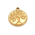 Polished golden stainless steel round pendant with detailed tree of life relief - Gold