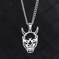 Pendentif masque Hannya en acier inoxydable sur une épaisse chaîne torsadée punk - Masque Couleur Acier Chaîne Gourmette