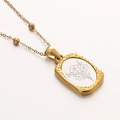 Gouden rechthoekige bloem hanger ketting met vintage spiegelafwerking en kralenketting - Februari-Viooltje-45cm