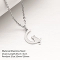 Silberne Edelstahl-Halskette mit Mond- und Katzenanhänger und 45cm langer Kette - DYN-263 Silber - 45 cm
