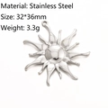 Polished silver stainless steel sunburst pendant with dimensions 32x36mm on white background - Radiant Sun Style (DY1054-1)