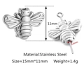 Little bee stainless steel DIY bead for jewelry making, silver finish 15mm x 11mm - Silver Bee Shape (DY1145-1)