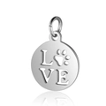 Macro shot of silver stainless steel pendant with LOVE lettering and a cute pet paw print - Round LOVE Silver