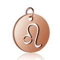 Macro shot of rose gold Leo zodiac pendant with brushed metal texture and cutout detail - Rose Gold Leo