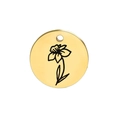 Gold stainless steel round pendant featuring a delicate primrose floral engraving - March (Daffodil)