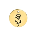 Gouden ronde roestvrijstalen hanger met een minimalistisch zwart gegraveerd bloemenpatroon - September (Dagbloem)