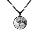 Poliertes Edelstahl Lebensbaum Yin Yang Anhänger Halskette mit schwarzer Metallkette - Tai Chi Lebensbaum - Schwarz