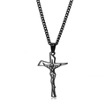 Detalle de un moderno colgante de cruz hueca negra en una cadena de acero inoxidable a juego - Collar / Negro