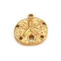 Golden stainless steel sand dollar shell charm with embossed starfish for DIY jewelry - Gold