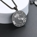 Pendentif Bélier en acier inoxydable noir avec médaille ronde et collier à billes - Noir Bélier