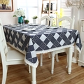 Japanese style polyester cotton tablecloth with navy geometric pattern and white lace trim - 140x140cm / Block (With Lace)