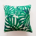 Close-up of Monstera leaf print on heavy cotton linen square cushion cover fabric - Emerald Monstera Large Leaf (JC-007)