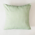 Detailed close-up of a green and white plaid cotton-linen square pillow cover with zipper - Green Checkered
