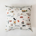 Detailed view of Nordic cotton-polyester pillow cover with cartoon London bus and cat print - Cute Cat