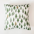 Detail of Nordic plaid pillowcase featuring green evergreen tree patterns on cotton linen - Pine Forest
