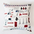 Detail showing Nordic cotton canvas cushion cover with Paris travel pattern and Eiffel Tower - Paris Impression