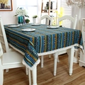 Detail of bohemian striped tablecloth featuring intricate white lace border and vivid patterns - Blue Gold (With Lace)
