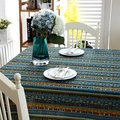 Ethnic bohemian style table cloth with colorful geometric stripes in cotton linen - Blue Gold (No Lace)