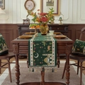 Runner da tavola Ramadan verde bosco e set di cuscini con ricami dorati e nappe - 35X140cm / Castello Verde Cammello Con Nappe Verdi