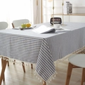 Modern blue and white striped cotton-linen tablecloth with elegant white fringe tassels - Blue Striped With Tassels