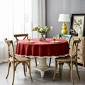 Close-up of dark red round tablecloth featuring elegant white lace fringe details - Lace Decor / 120cm / Burgundy