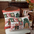 Ramadan moon and castle jacquard cushion cover with festive green and gold patterns - Middle East Grid Pattern