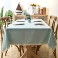 Close-up of light green linen tablecloth featuring delicate white lace edge trim - 140x250 / Beaded Border Style / Teal
