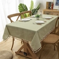 Modern minimalist green and white checkered tablecloth with decorative cream fringe tassels - Green Plaid + Tassels / 60x60cm