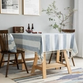 Nappe en lin à rayures bleues et blanches avec pompons et coussin assorti style nordique - 120x120 / Rayure Bleue + Gland
