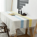 Mantel nórdico de algodón y lino con cuadros y borlas para mesas de comedor y de centro - 140x140 / Base Blanca Raya Amarilla Con Borlas
