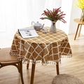 Nordic round cotton linen tablecloth with clover pattern and white fringe tassels - Round 150cm / Yellow Rhombus With Tassels