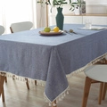 Blue linen texture rectangular tablecloth with white fringe tassels for dining table decor - 60x60 / Blue